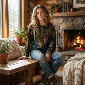 1990s Bohemian Patchwork Blouse – Handmade Embroidery – Velvet Feel – India